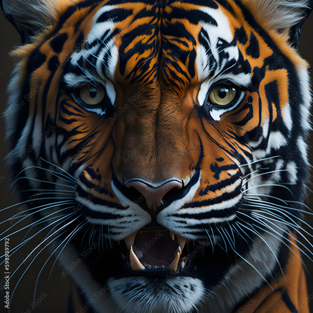 A close-up image of a tiger face, showcasing its fierce expression A close-up image of a tiger face, showcasing its fierce expression