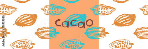 Confectionery banner with cocoa beans seamless pattern. Vector hand drawn Cacao beans background for chocolate packaging ornament or powder. Cocoa plant illustration label design. Organic cacao butter