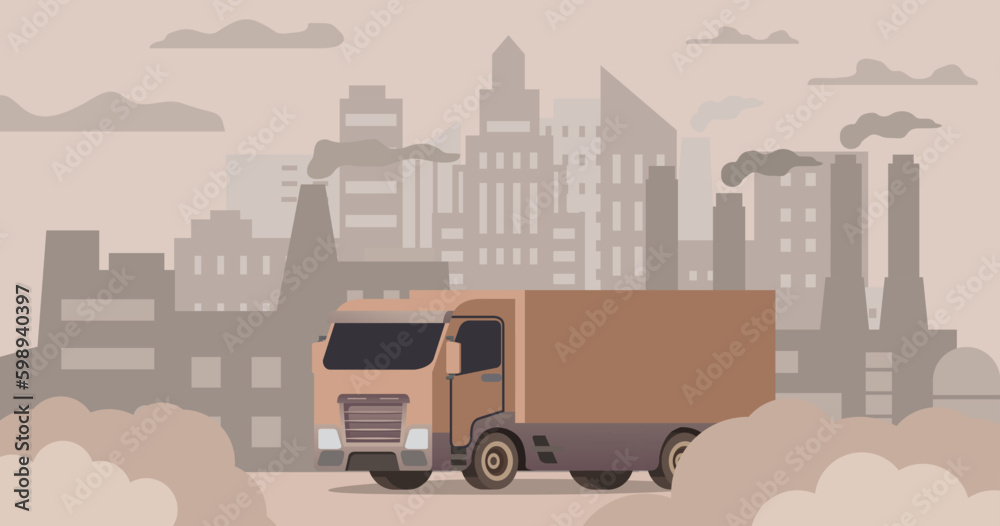 Truck air pollution.Road smog.Industrial carbon dioxide cloud. Polluted air environment at city.Atmospheric pollution.Bad urban environment.Contamination problem.Vector flat illustration.