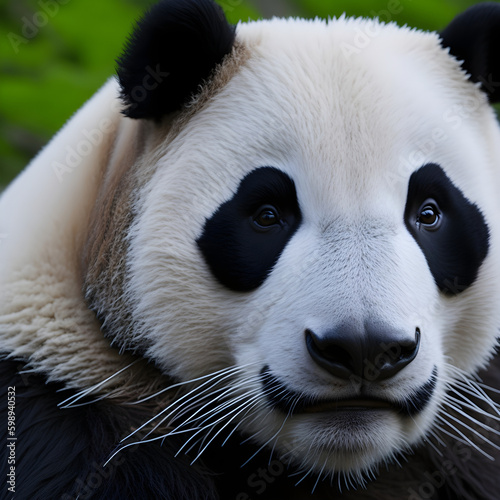 A close-up photo of a panda's face with its iconic black and white markings