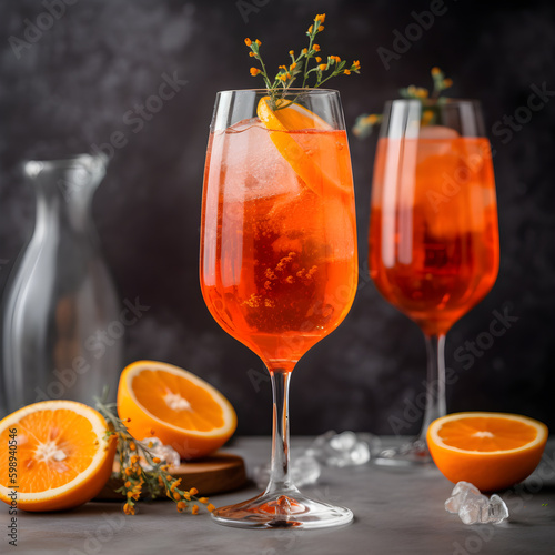 High glass of Italian Aperol Spritz alcohol cocktail with ice and blood orange slices on grey background, selective focus. Summer refreshing cocktail drink with orange. Generative AI