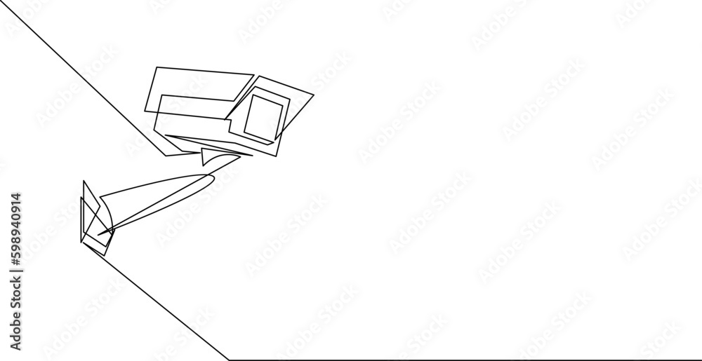 Continuous one line drawing of CCTV with a box shape installed on the side of the highway. Monitor traffic movements and improve security systems concept. Single line art graphic design. Continuous one line drawing of CCTV with a box shape installed on the side of the highway. Monitor traffic movements and improve security systems concept. Single line art graphic design.
