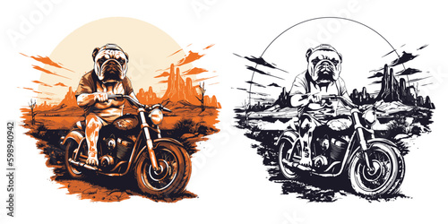 a bulldog on a motorcycle, riding through a scenic mountain road.Illustration of T-shirt design graphic.