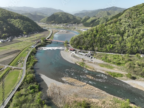 岐阜県 本巣市 根尾川の綺麗な川 ドローン空撮