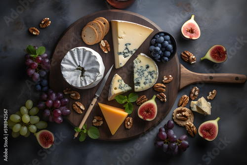 Cheese platter with a variety of cheeses, Generative AI