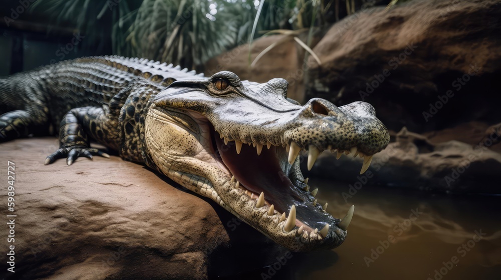 Fototapeta premium Closeup of a crocodile and alligator in water 