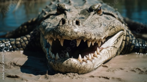 Closeup of a crocodile and alligator in water 