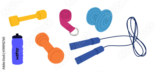 Set of Different Sport equipment. Fitness inventory, gym accessories. Dumbbells, mat, skipping rope, Bottle water, Yoga stretch Belt. Healthy lifestyle concept. Hand drawn sport equipments. Vector