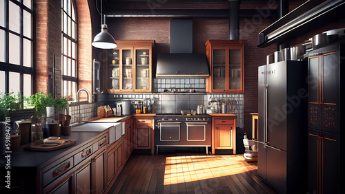 Kitchen furniture interior with industrial design concept, classic and vintage decoration indoor. Generative AI.