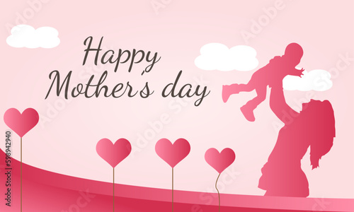 Mother's Day Background Vector Design with pink silhouettes of mother and child, love vector, Mother's Day Banner, Mother's Day Greeting Card