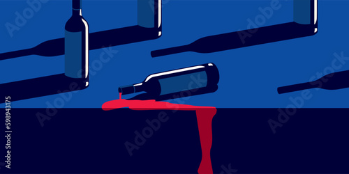 A bottle of wine fell and spilled on the table. Vector illustration in retro style.