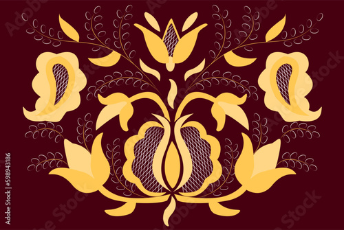 Crimean ornament, oriental ornament with flowers on burgundy color