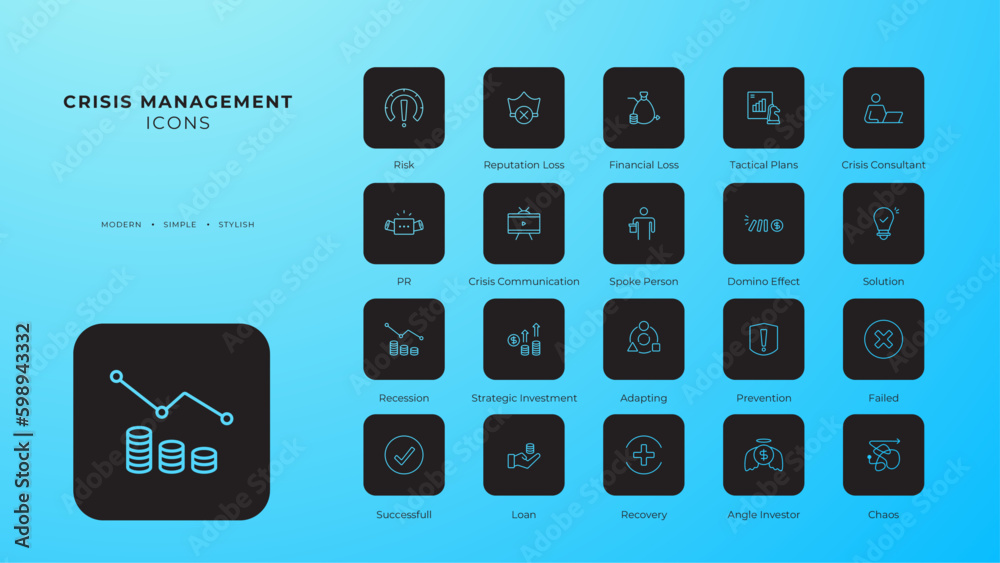 Crisis management icons collection with black filled line style. risk ...