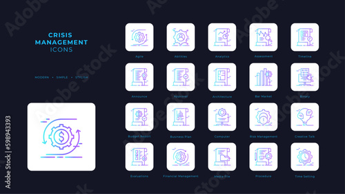 Crisis management icons collection with blue duotone style. risk, analysis, solution, assessment, problem, prevention, solving. Vector illustration