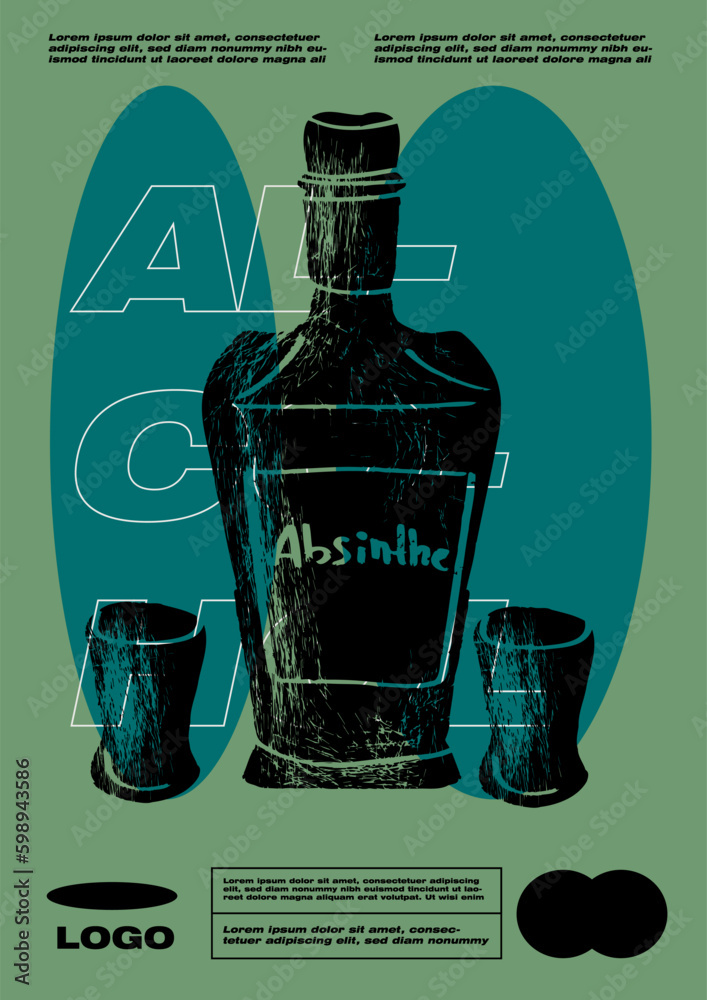 Absinthe bottle poster, blank glass flask with green liquid, strong ...