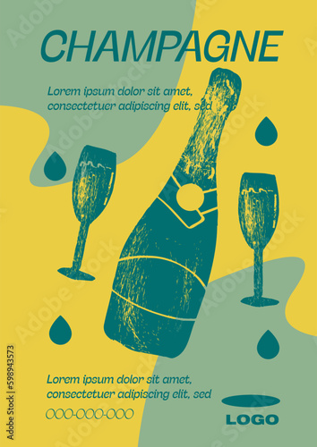 Mimosa Cocktail in champagne glass. Summer aperitif recipe with orange juice and prosecco. Mixology minimalist simple vertical print. Alcoholic beverage on background. Vector flat style illustration.