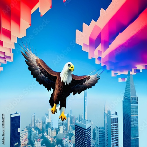 Bald eagle flying around finical building with abstract background. 