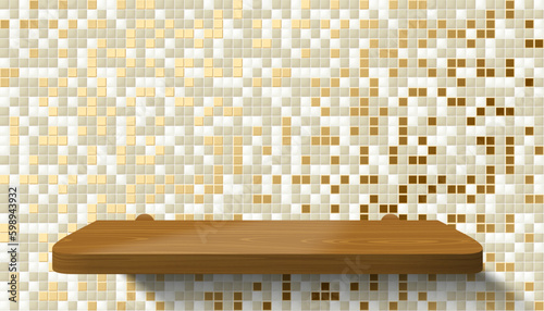 3D bathroom or kitchen room golden tiled wall, realistic light wood podium or product shelf. Vector grey gold mosaic ceramic tiles wall background mockup. Realistic stage showcase scene