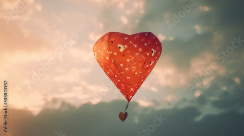 Ai Generative.  Soaring Love  Witness the Beauty of a Heart-Shaped Kite in the Clear Blue Sky 