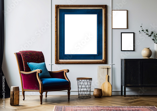 Three picture frames on the wall in living room. Mock up interior design. Empty space for a text or image. Copy space  add photo  image or logo. Ai generative