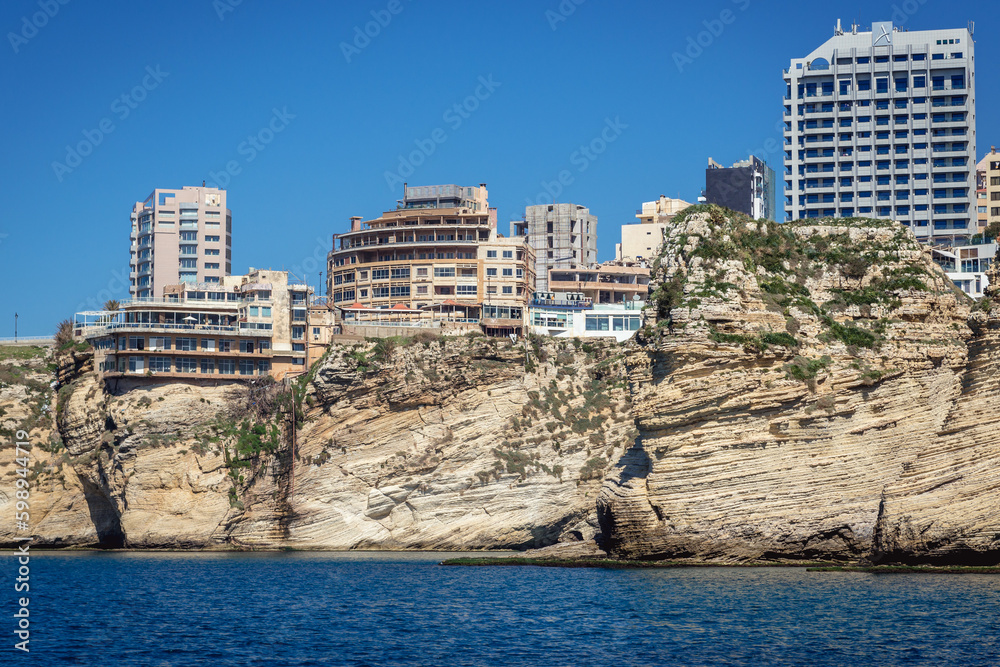 Fototapeta premium View from area of famous Pigeon Rock in Raouche district of Beirut city, Lebanon