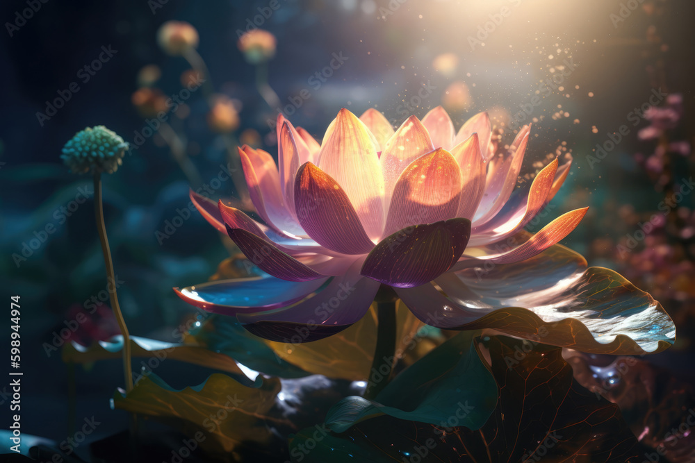 Pink lotus flower in water. Fairy tale glowing lotus flower in magic light. Water lily flower in lake or pond. Generative ai illustration