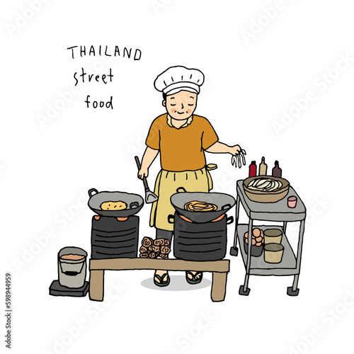 Street food in Thailand, woman cooking Pad Thai, hand drawn style vector illustration