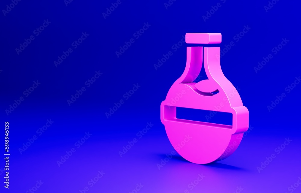 Pink Bottle with potion icon isolated on blue background. Flask with magic potion. Happy Halloween party. Minimalism concept. 3D render illustration Pink Bottle with potion icon isolated on blue background. Flask with magic potion. Happy Halloween party. Minimalism concept. 3D render illustration