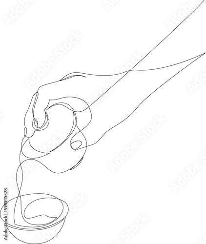 Chinese tea serving continuous one line drawing, pouring from gaiwan in tasting cup. Vector illustration.