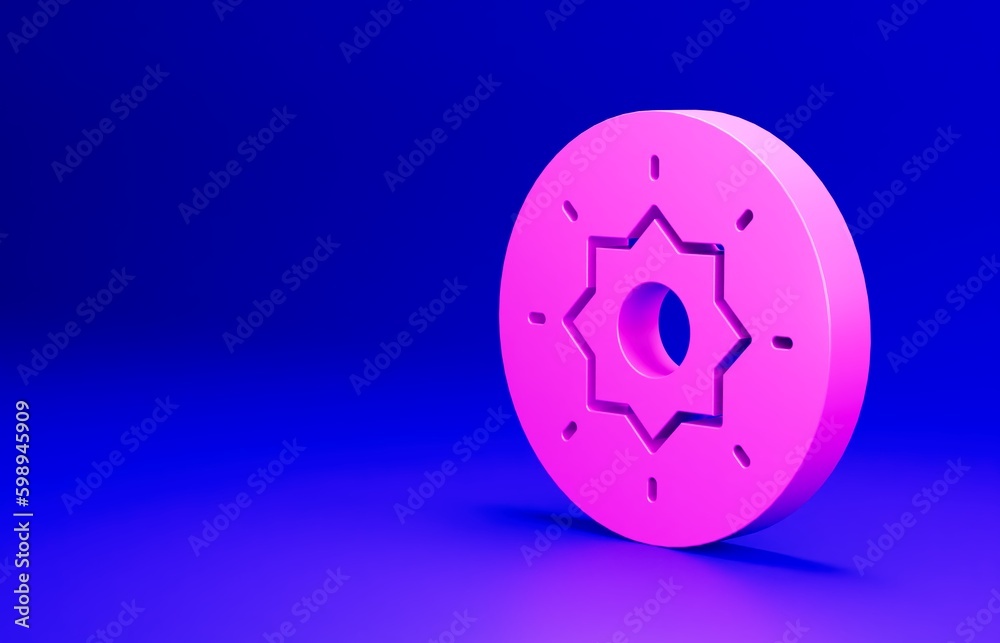 Pink Shield viking icon isolated on blue background. Round wooden shield. Security, safety, protection, privacy, guard concept. Minimalism concept. 3D render illustration