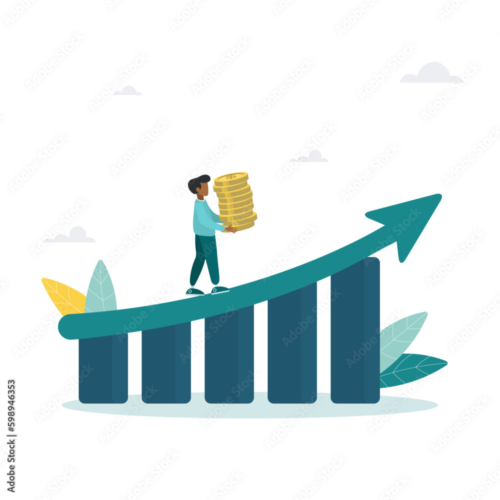 Obraz premium Increasing income or investment profit, growing income or wealth, growth chart or savings and investment return concept, businessman with a lot of confidence going up the growth chart. Vector 