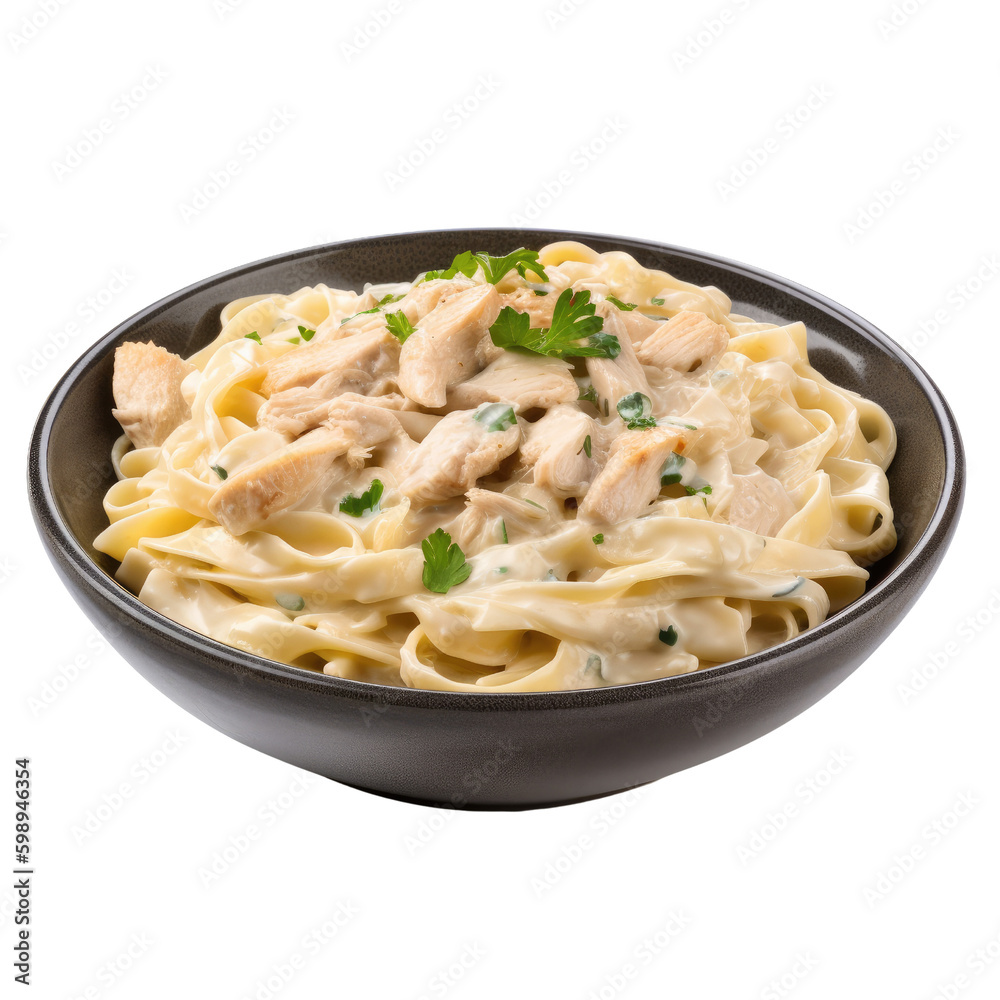 bowl of chicken fettuccini isolated on a transparent background, generative ai