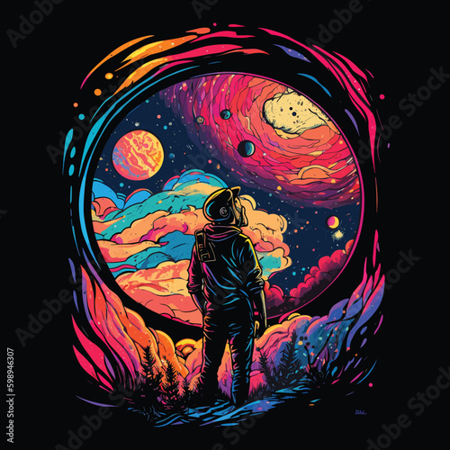 Astronaut looking out into space, colorful. Print for t-shirt, poster, mug, etc...