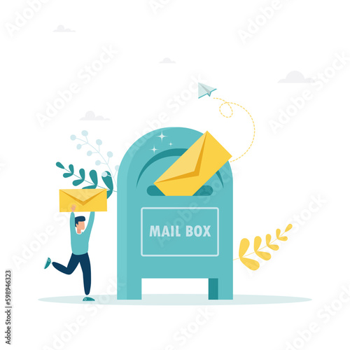Vector illustration, mailbox with letters, receiving letters, sorting, web mail or mobile service mockup for website header. The guy is carrying a letter. Flat style.
