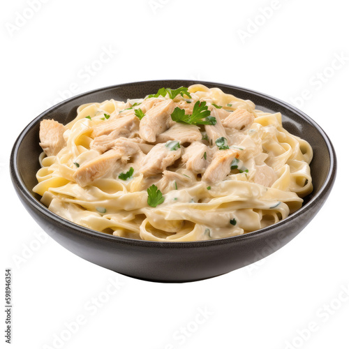 bowl of chicken fettuccini isolated on a transparent background, generative ai