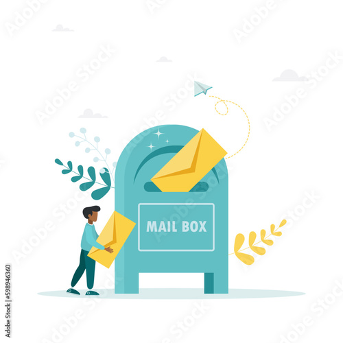 Vector illustration, mailbox with letters, receiving letters, sorting, web mail or mobile service mockup for website header. The guy is carrying a letter. Flat style.
