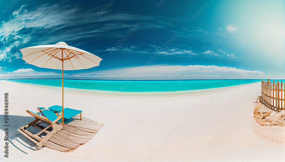 Vibrant Beach Panorama: White Sand, Chairs, Umbrella & Scenic Travel Tourism Background (Generative AI) Vibrant Beach Panorama: White Sand, Chairs, Umbrella & Scenic Travel Tourism Background (Generative AI)