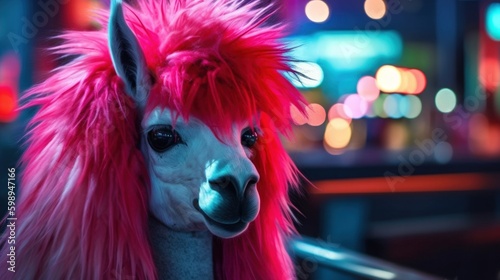 Cyberpunk goth Llama in the city looking for a fun time visiting night life attractions and nightclubs, wearing a bright hot pink wig, edgy and cool animal portrait - generative AI 