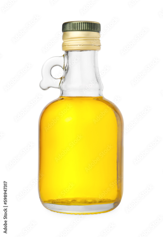 Glass bottle of cooking oil isolated on white