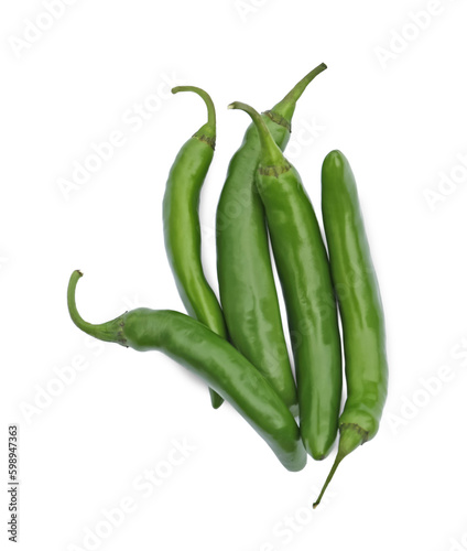 Green hot chili peppers on white background, top view