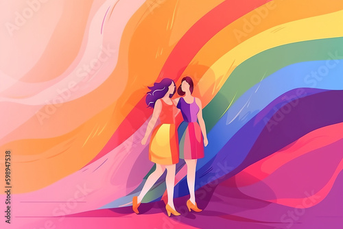 LGBTQ concept, women. illustration banner, copy space, ai generated