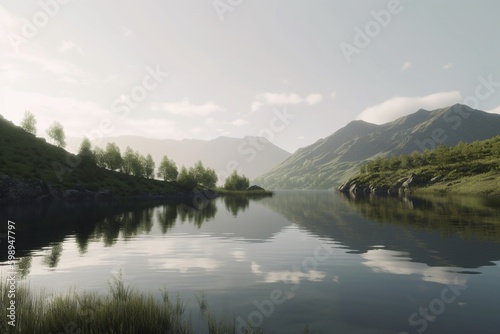 A minimalist landscape with a scenic lake or pond, Generative AI