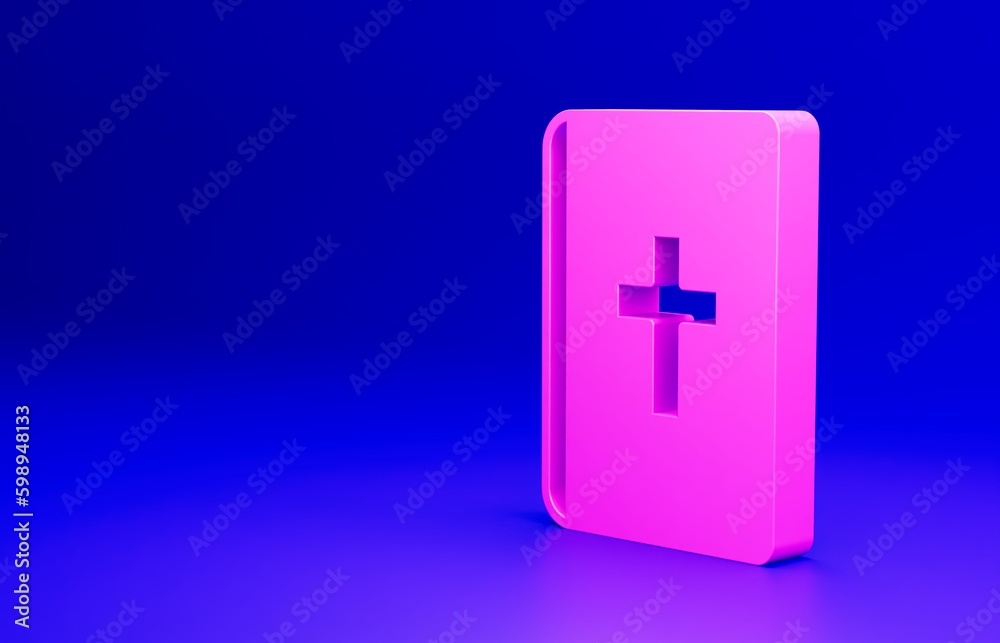 Pink Holy bible book icon isolated on blue background. Minimalism concept. 3D render illustration Pink Holy bible book icon isolated on blue background. Minimalism concept. 3D render illustration