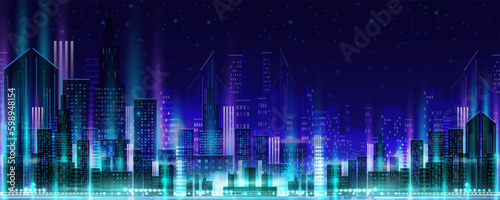 Night city concept background image with colorful neon lights  architecture. metropolitan skyscraper