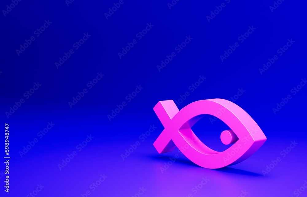 Pink Christian fish symbol icon isolated on blue background. Jesus fish symbol. Minimalism concept. 3D render illustration Pink Christian fish symbol icon isolated on blue background. Jesus fish symbol. Minimalism concept. 3D render illustration