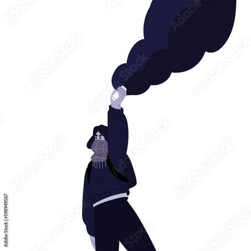 Protester threatening with burning fire bottle in hand. Aggressive street activist holding incendiary handmade weapon, flame bomb at revolution. Flat vector illustration isolated on white background
