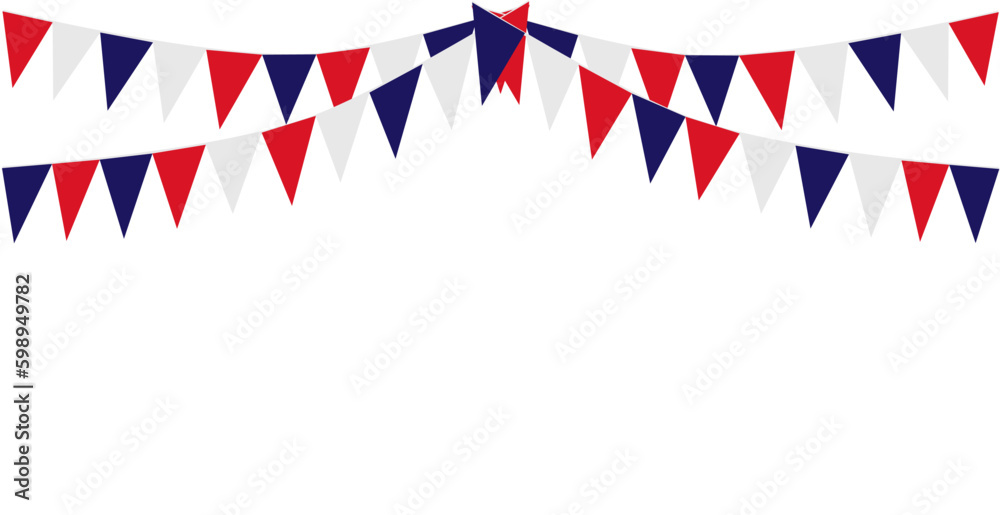 Bunting Hanging Red White Blue Flags Triangles Banner Background. United State of America, France, Thailand, New Zealand, Netherlands, British, Great Britain. - obrazy, fototapety, plakaty 