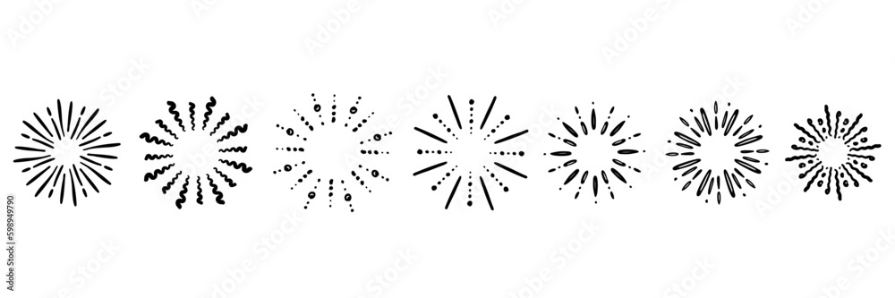 Obraz premium Starburst hand drawn elements. Circle sunburst doodle drawing, framed design, badge or label decor. Abstract outline burst, star or firework, explosion or light rays. Vector isolated icons set