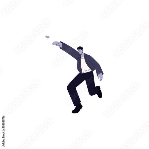 Vandal throwing stone. Aggressive man, power activist, bad outlaw action. Angry protester, hooligan fighting, protesting with rock in hand. Flat vector illustration isolated on white background