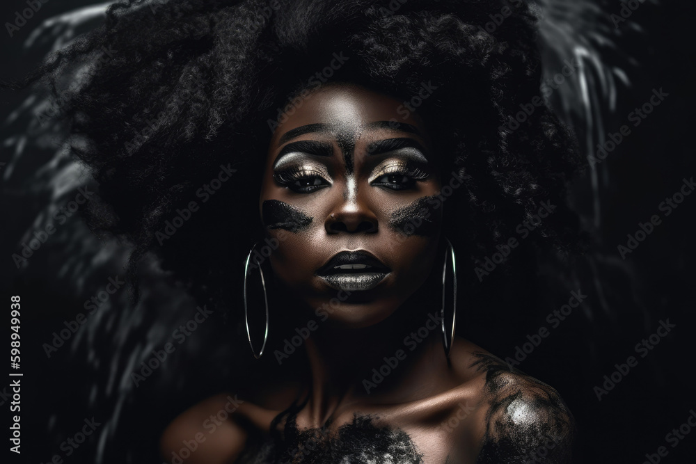 Black woman with her face painted like she's from an African tribe on dark background. Generative AI.